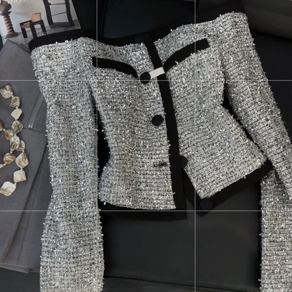 Elegant Women's Tweed Jacket - Black and Silver